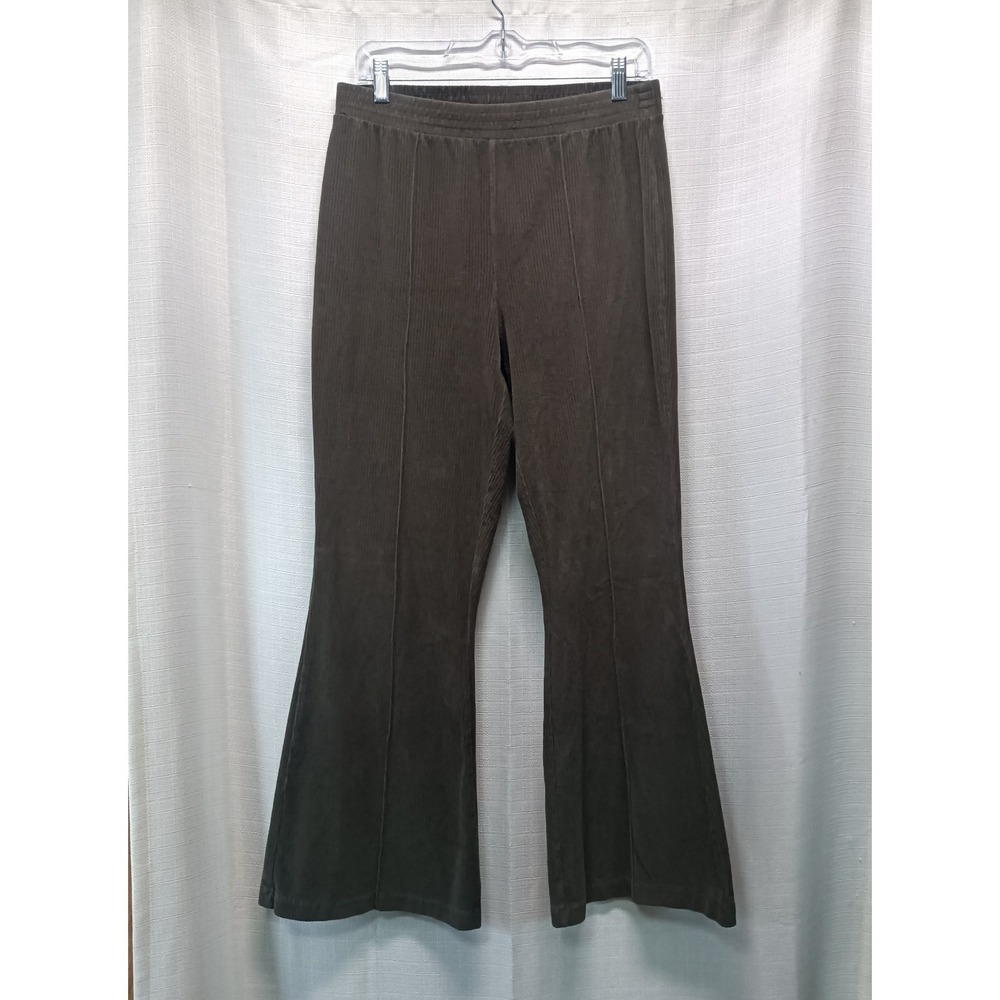 Aerie Grove On Ribbed Flare Pants Women L Green Pull On High Rise Stretch Casual